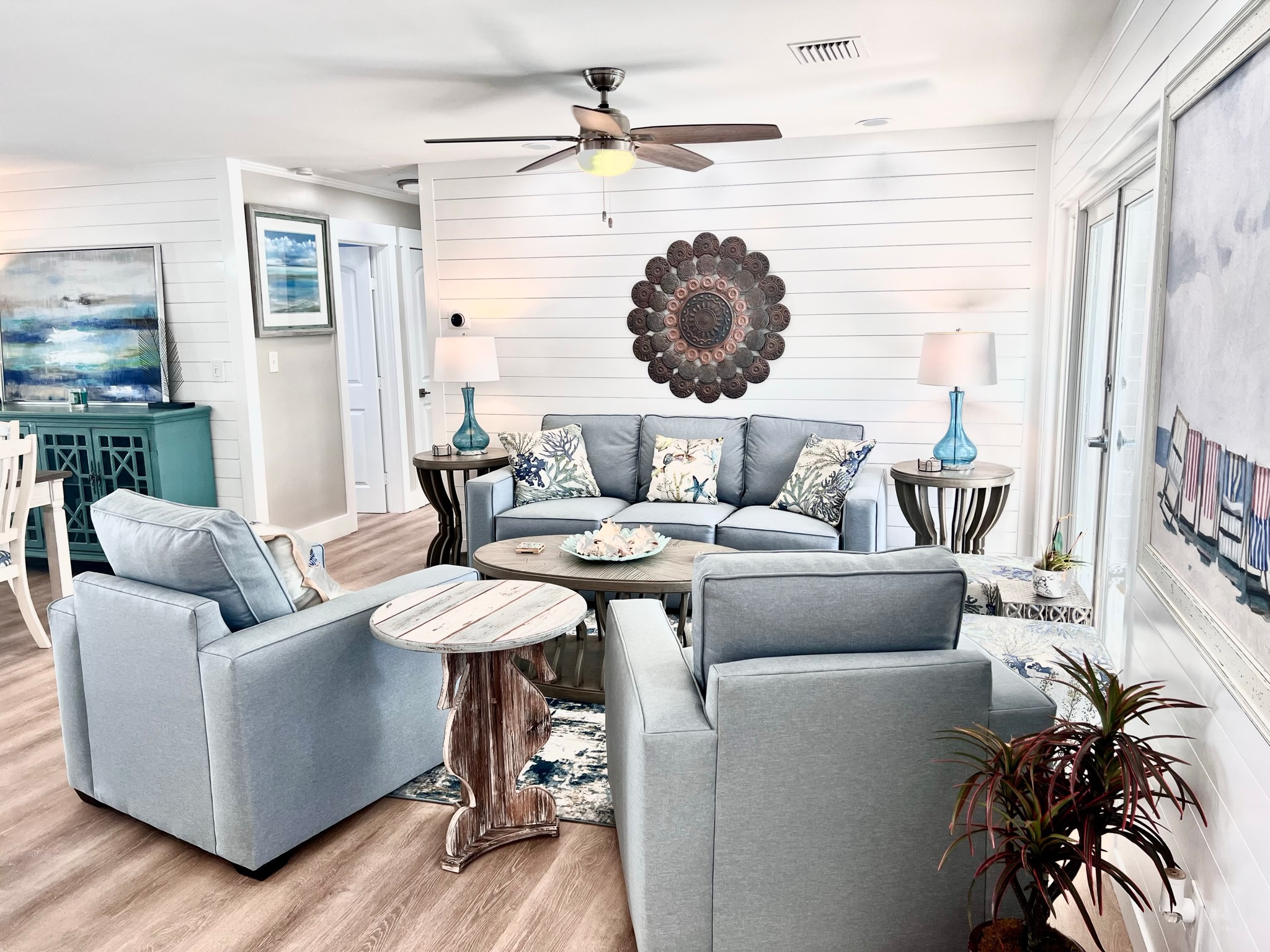 Coastal Living Room with Shiplap Walls